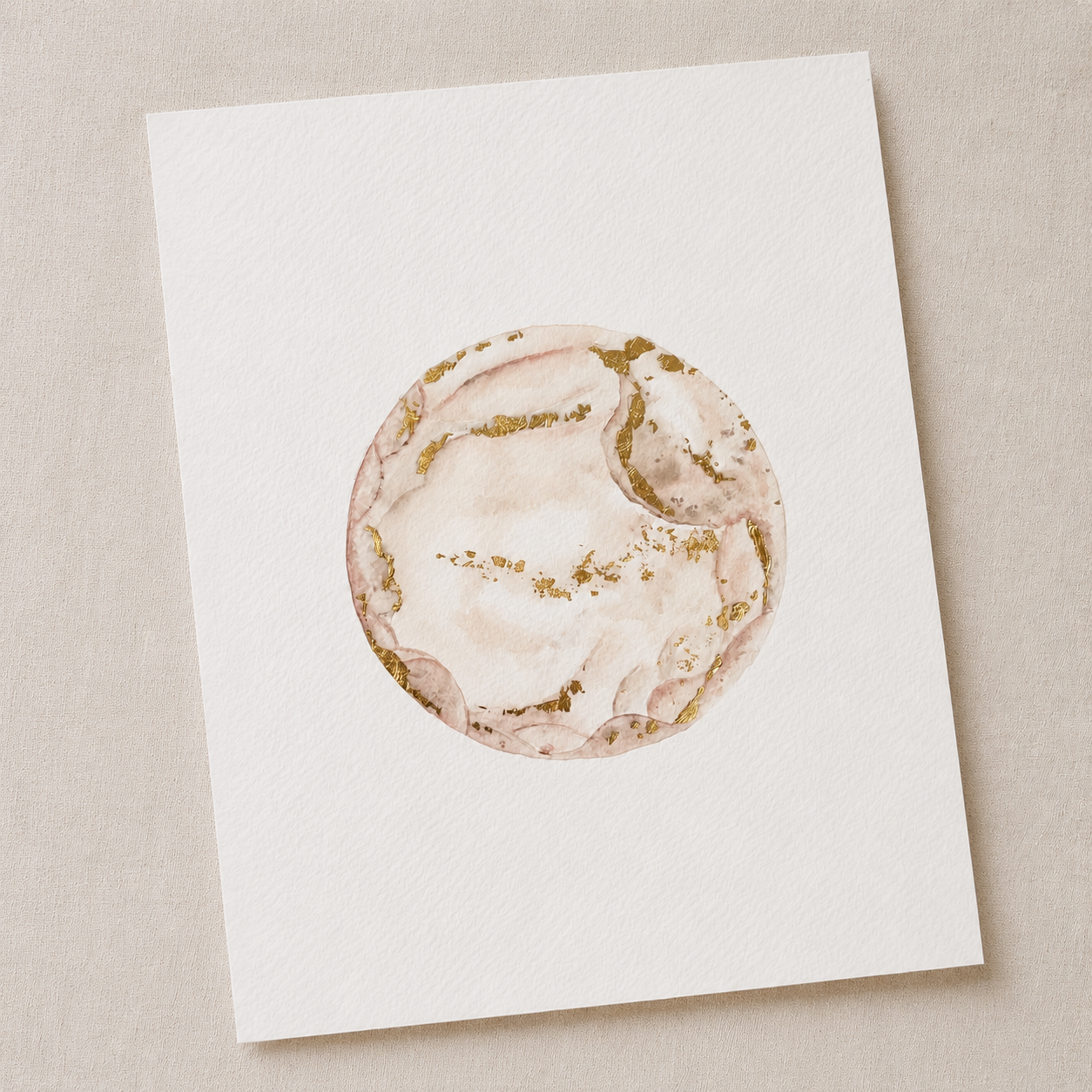 Embryo watercolour painting with a marble design featuring gold accents on a beige background