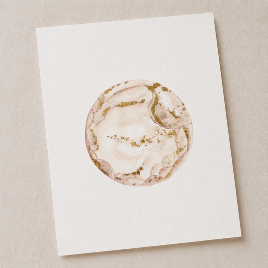 Embryo watercolour painting with a marble design featuring gold accents on a beige background