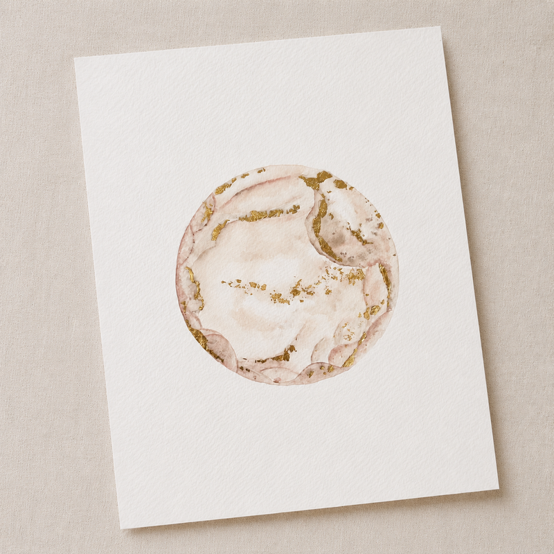 Embryo watercolour painting with a marble design featuring gold accents on a beige background