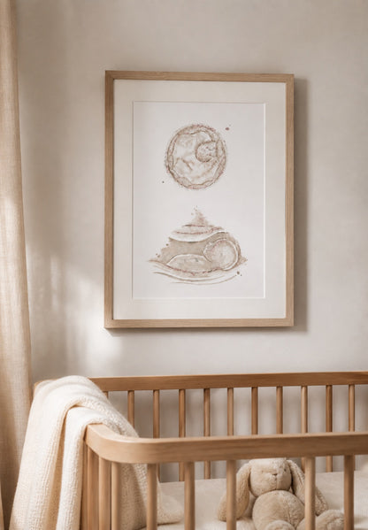 Watercolour painting of an embryo and ultrasound scan above a wooden crib with a teddy bear inside, in a softly lit room.