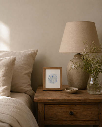 Embryo painting on a wooden surface next to a lamp and vase.