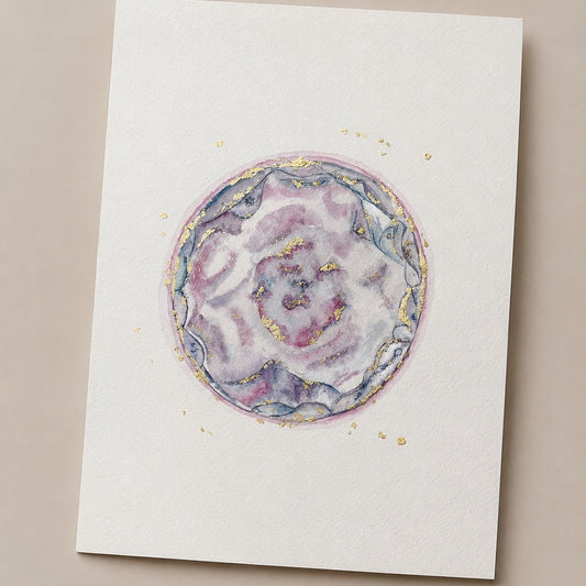 Artistic depiction of a watercolour embryo design on a beige background