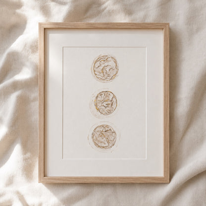 Framed watercolour painting of 3 embryos on a beige fabric background