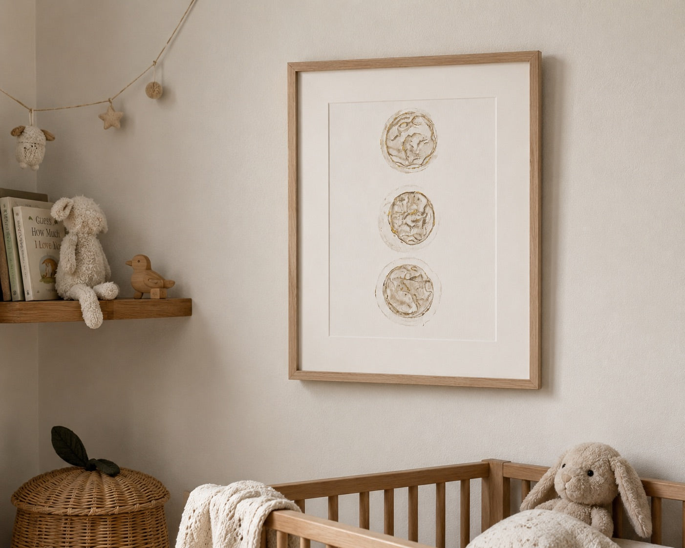 Nursery room with watercolour painting of 3 embryos with a teddy bear, and wooden shelf.