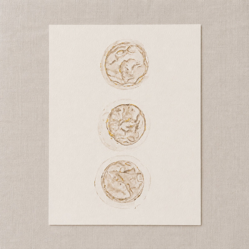 Watercolour painting of 3 embryos on a white card against a beige background