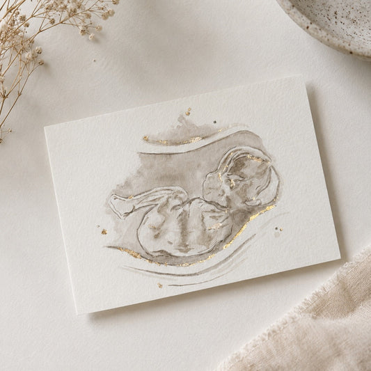 Artistic depiction of an ultrasound/sonogram watercolour painting with dried flowers and a bowl in the background.